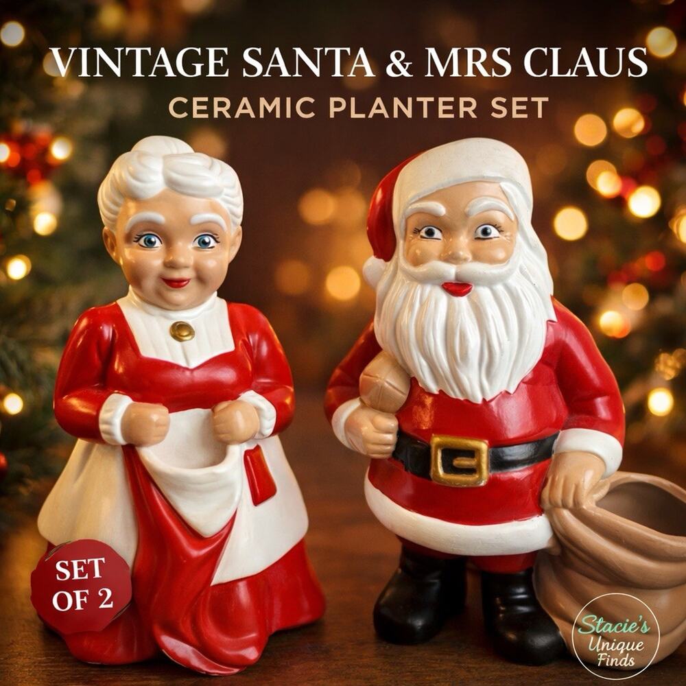 Santa & Mrs Claus Christmas Figurines Ceramic Holiday Decor Stocking & Sack
